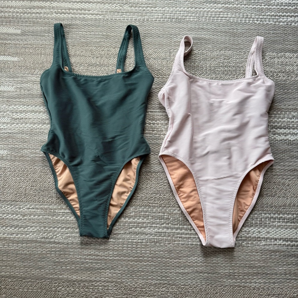 J. Crew Pink and green Swimsuit size 0 lot of 2 one piece ribbed square neck